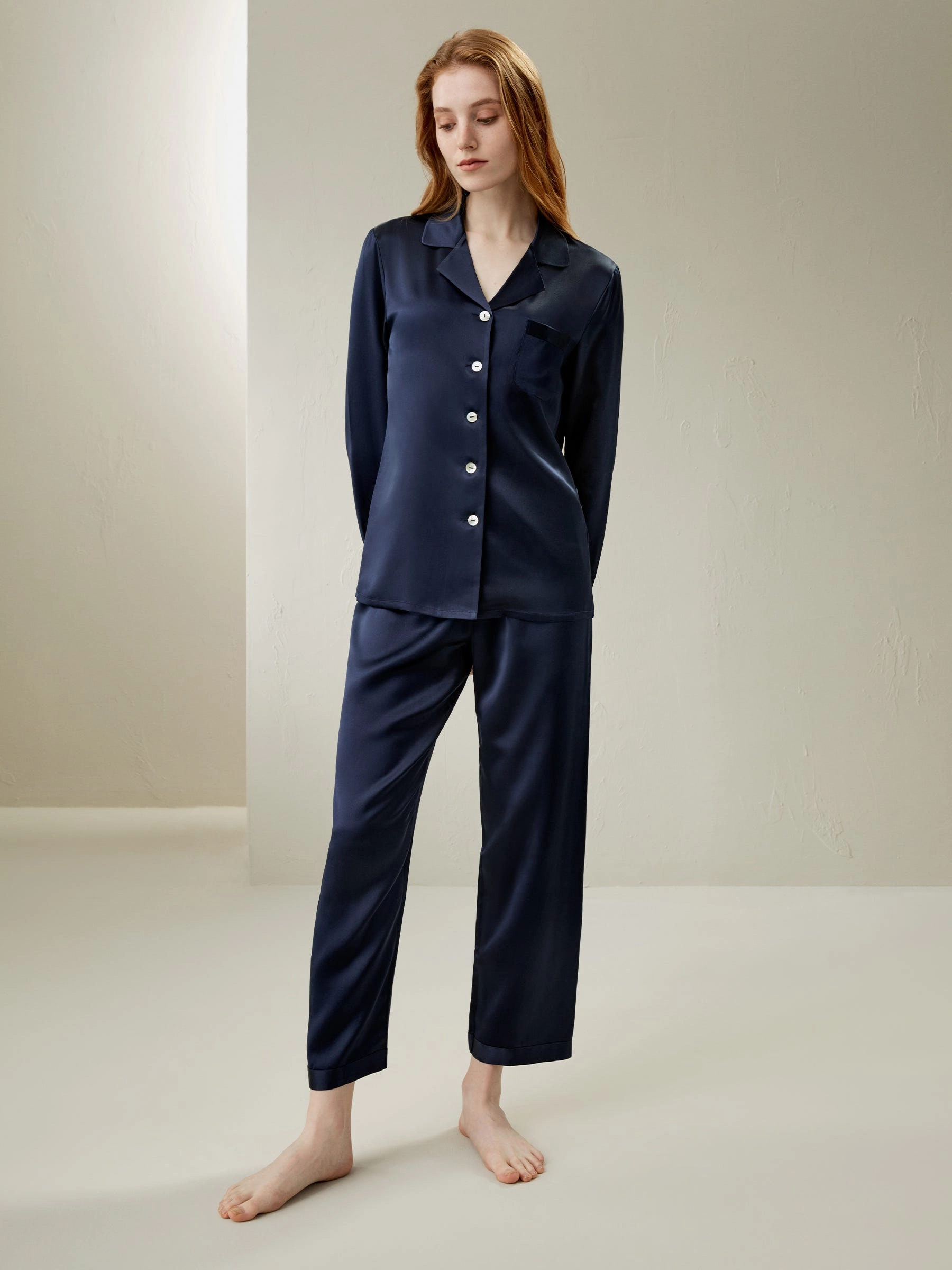 Cozy Fleece Backing Hidden Stretch Panel 22 Momme Full Length Silk Pajamas Set
