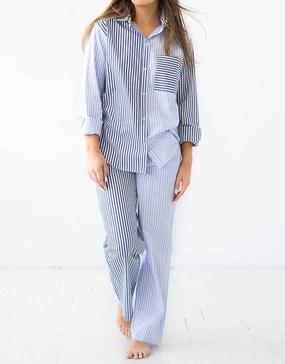 HighWaisted Design Wrinkle resistant fabric 2 Pc Stripe Pj Set In Light Blue Navy