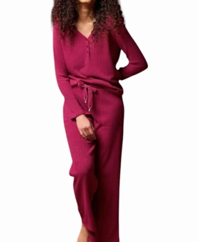 2 Piece Henley Pajama Set In Red Plum Ultra Stretch Waistband MachineWashable Fabric