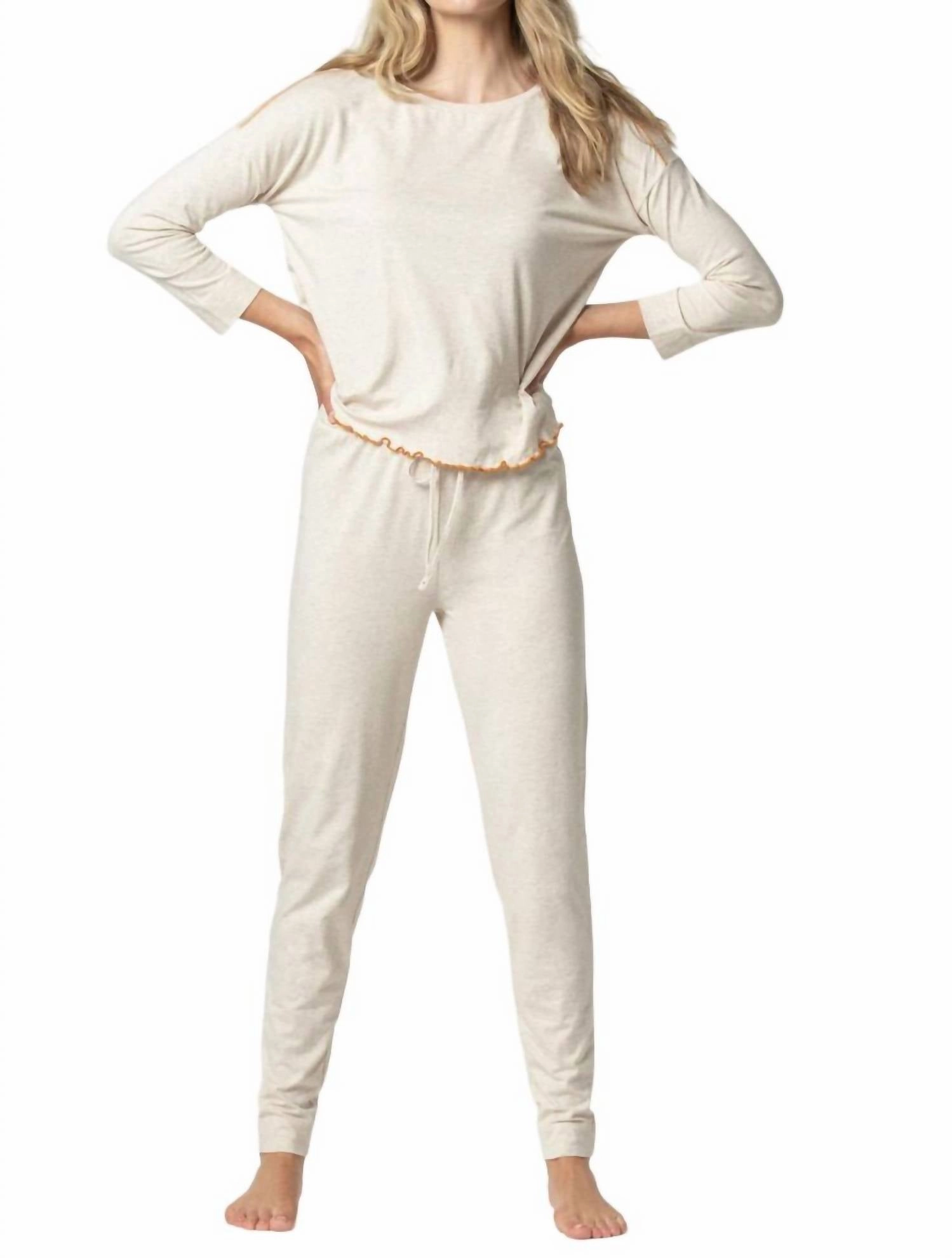 Flexible Elastic Seams Reinforced Hems 3/4 Long Sleeve & Pant Set In Oat