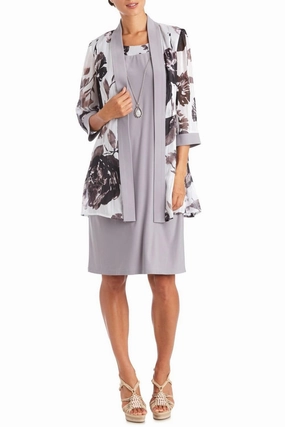 3/4 Sleeve 2 Piece Evening Jacket & Dress Set In Grey MotionAdaptive Fit