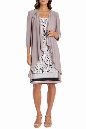 Flexible Stretch Fabric Adaptive Body Contouring 3/4 Sleeve 2-Piece Jacket & Dress Set In Mocha