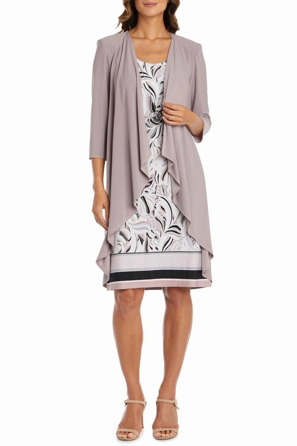 Flexible Stretch Fabric Adaptive Body Contouring 3/4 Sleeve 2-Piece Jacket & Dress Set In Mocha