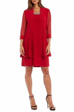QuickDry Lining 3/4 Sleeve Embellished Jacket & Dress Set In Red