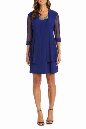 3/4 Sleeve Embellished Jacket & Dress Set In Royal Multi Directional Stretch Soft Jersey Knit