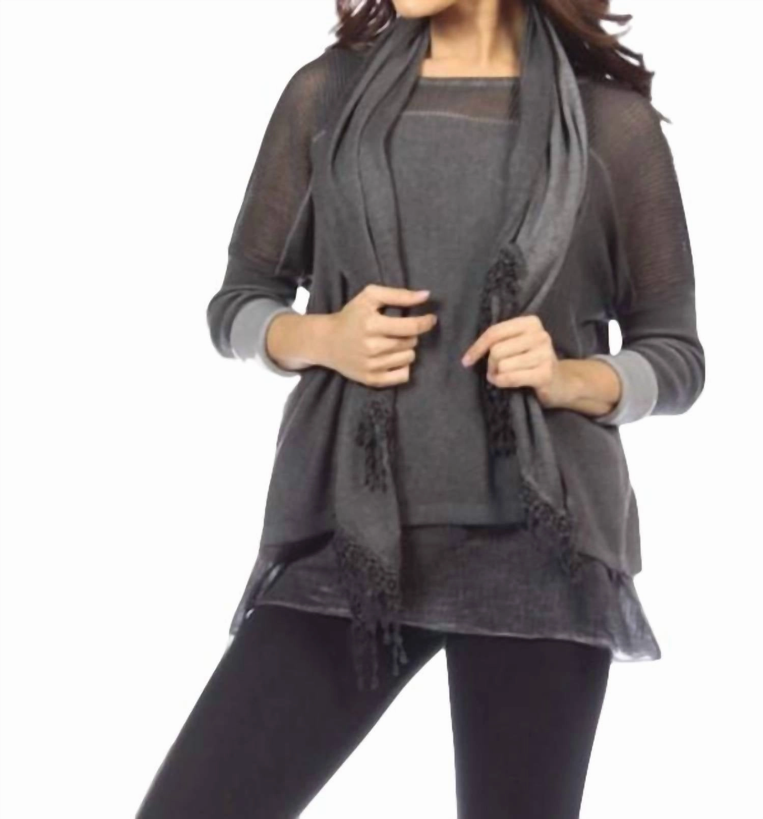 Midweight Fabric 3-Piece Layered Set W/scarf In Gray