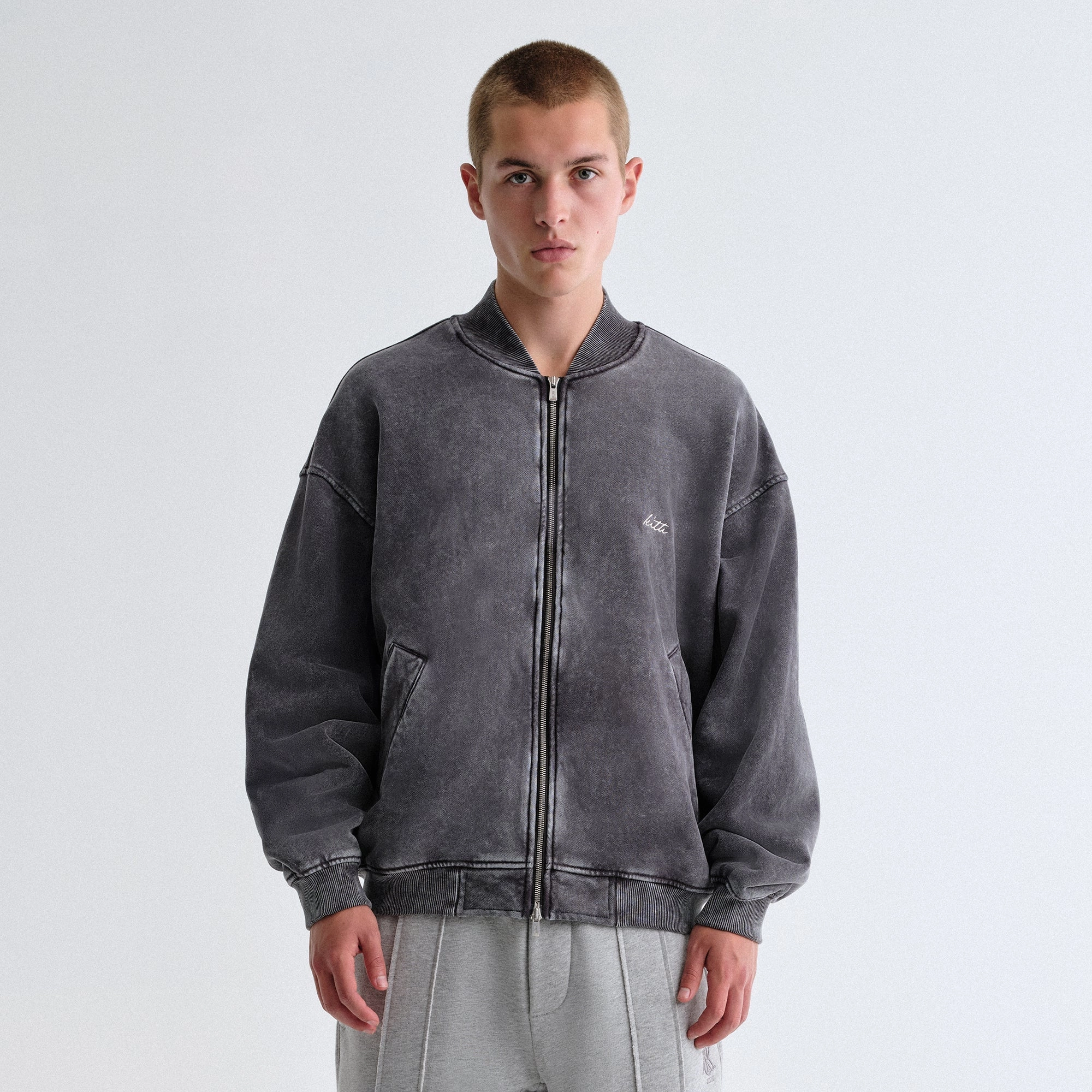 Kith Antique Wash Avery Bomber Jacket - Black Insulated Lining Anti Pill Fabric Tech