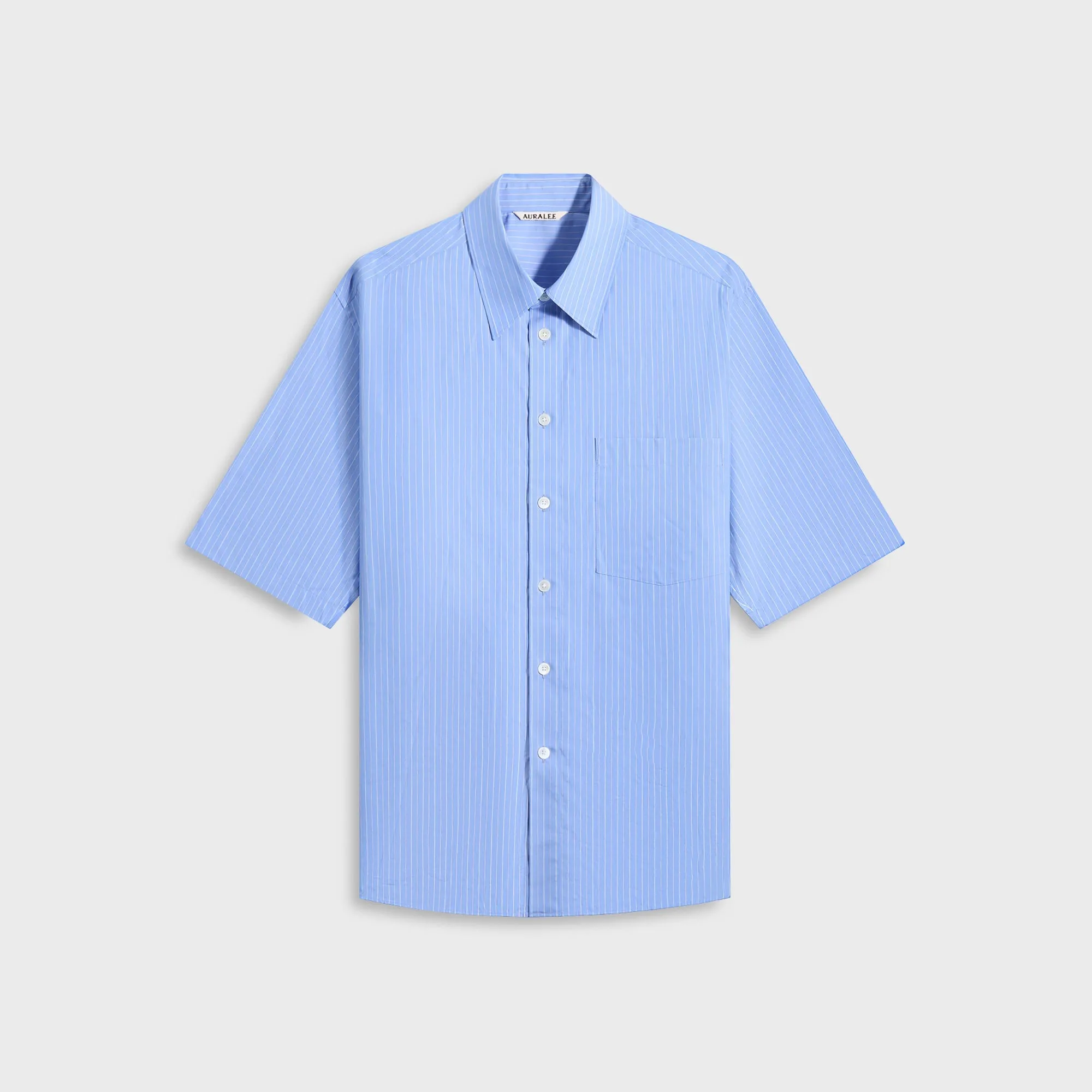 Seamless Shoulder Construction Stretchable Material Auralee Suvin High Count Cloth Stripe Half Sleeved Shirt - Blue Stripes
