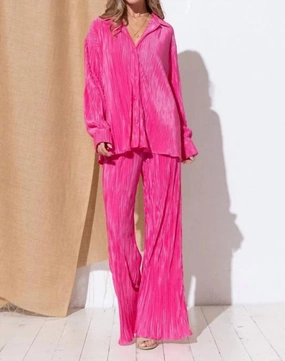 Multi Pocket Design Accordion Mini Pleat Long Blouse And Pant Set In Pink