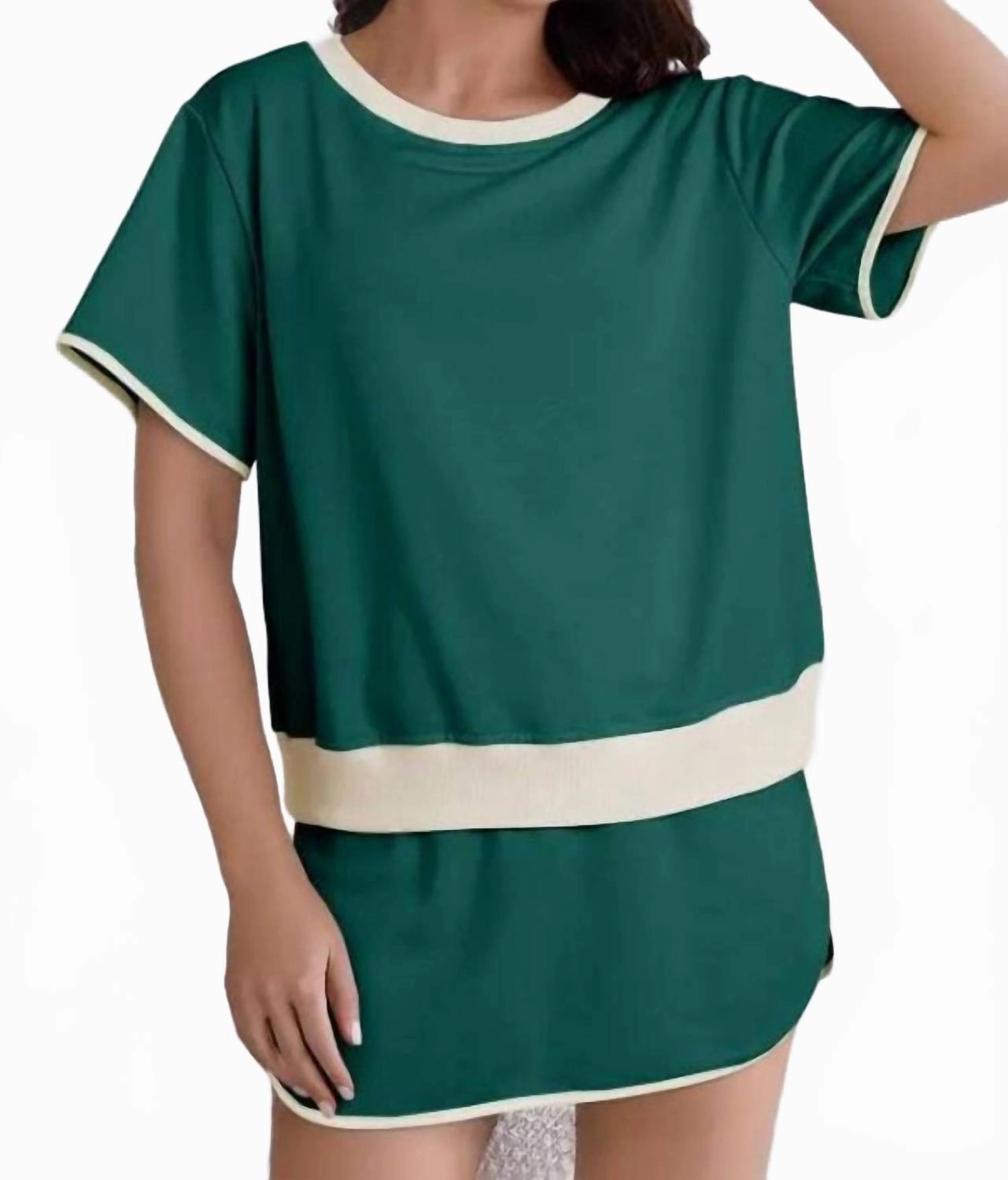 Anti Pill Surface Lightweight Jersey Knit Colorblock Edge Drop Shoulder T-Shirt And Skirt Set In Green