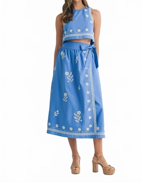 Sandra Embroidered Top And Wrap Skirt Set In Blue High Rise Fit Durable Reinforced Seams