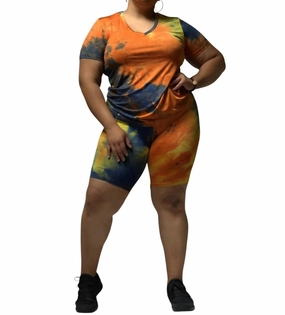 Tie Dye V-Neck Short Set In Orange Multi Butterfly Hem Detail Tencel Blend