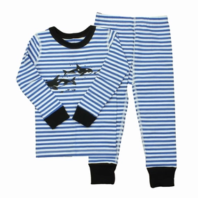 Mightly Unisex Blue | White | Stripes | Fish 2-piece Pajamas Size: Big Kid Odor Resistant Tech Stretchable Fabric