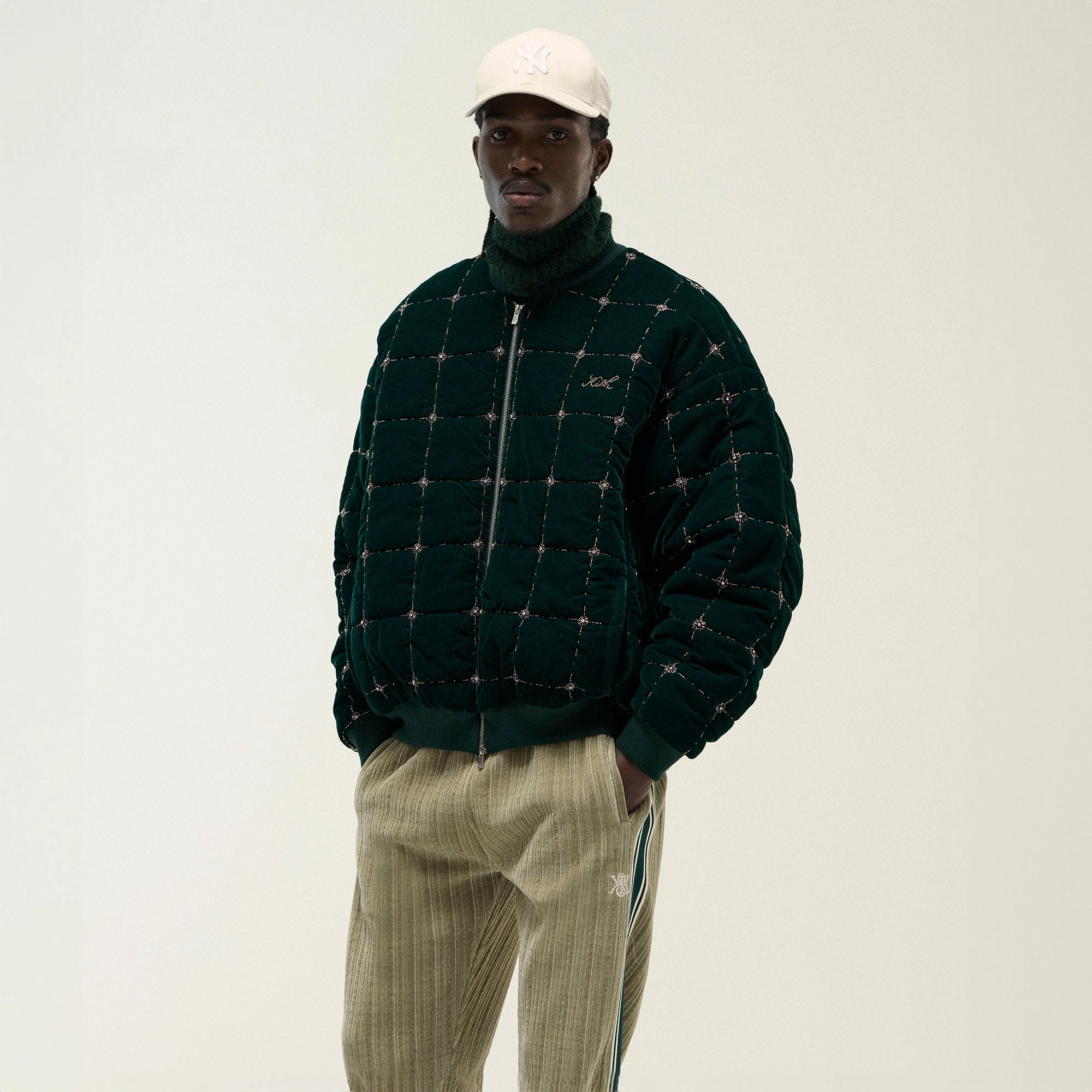 Stretch Comfort Fit Shawl Lapel Kith Beaded Velvet Clay Bomber Jacket - Stadium