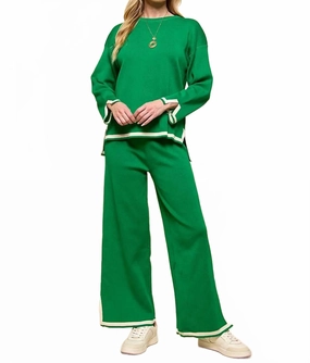 Green Pants Set In Kelly Green With Cream Accents Double Layered Collar Non Chafe Seams
