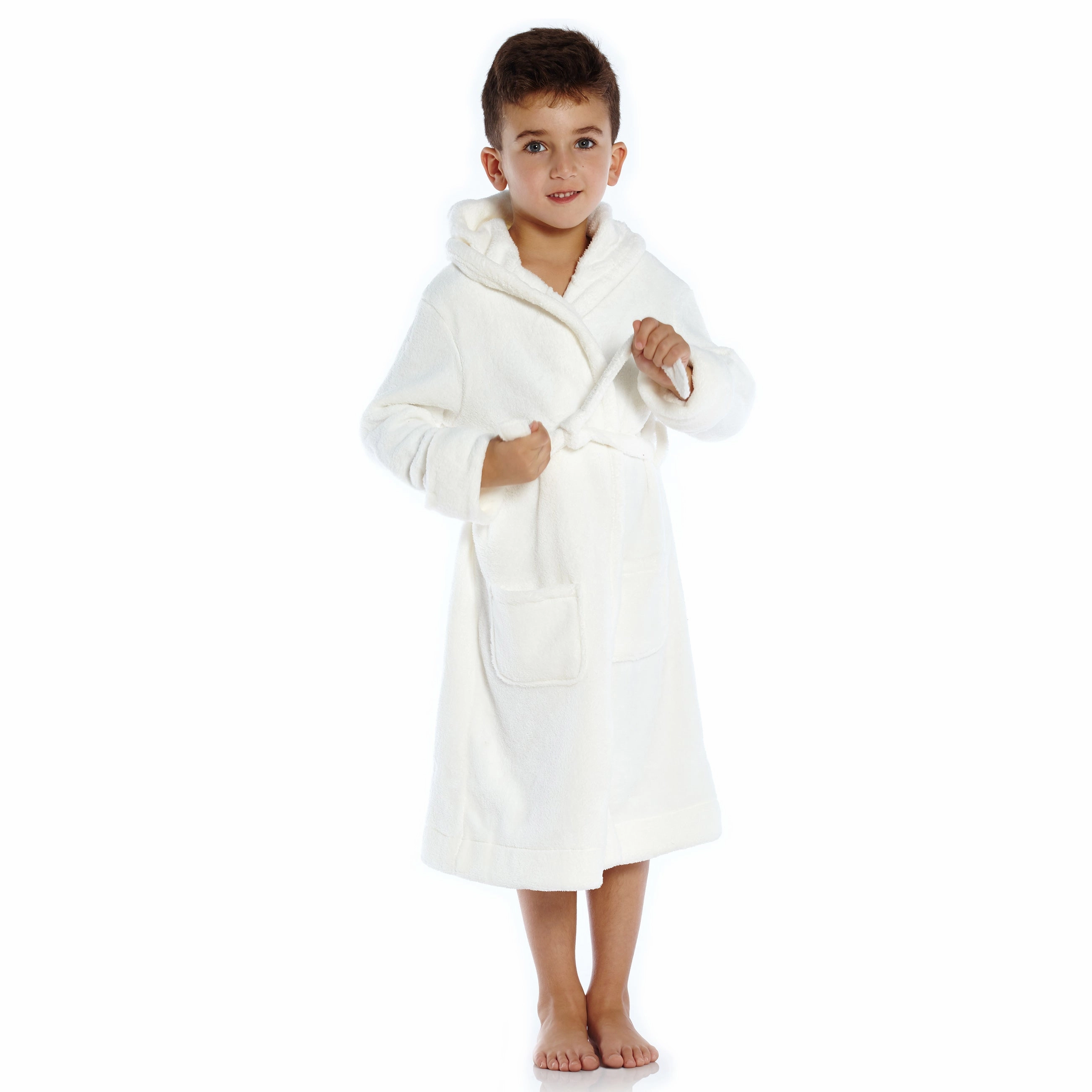 Double Stitched Edges Plush Inner Layer Kids Fleece Hooded Robe Neutral Solid Color
