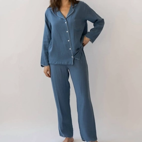 Organic Cotton Blend Breathable Knitwear Alaia Long Pajama Set In Indigo