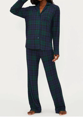 Long Sleeve & Pajama Pant Set In Navy/forest Plaid Adjustable Cuff Openings