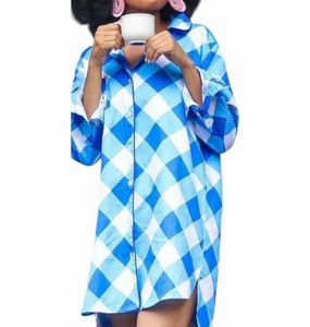 Minimalist Design Low Impact Elastic Sateen Sleep Shirt In Buffalo Blue Check