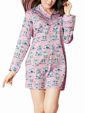 Stretchable Cuffs Unisex Sizing Cuppa Tea Sateen L/s Pleated Nightshirt In Pink