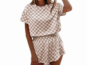 Checkerboard Top & High Waist Skort Set In Tan Roomy Armholes