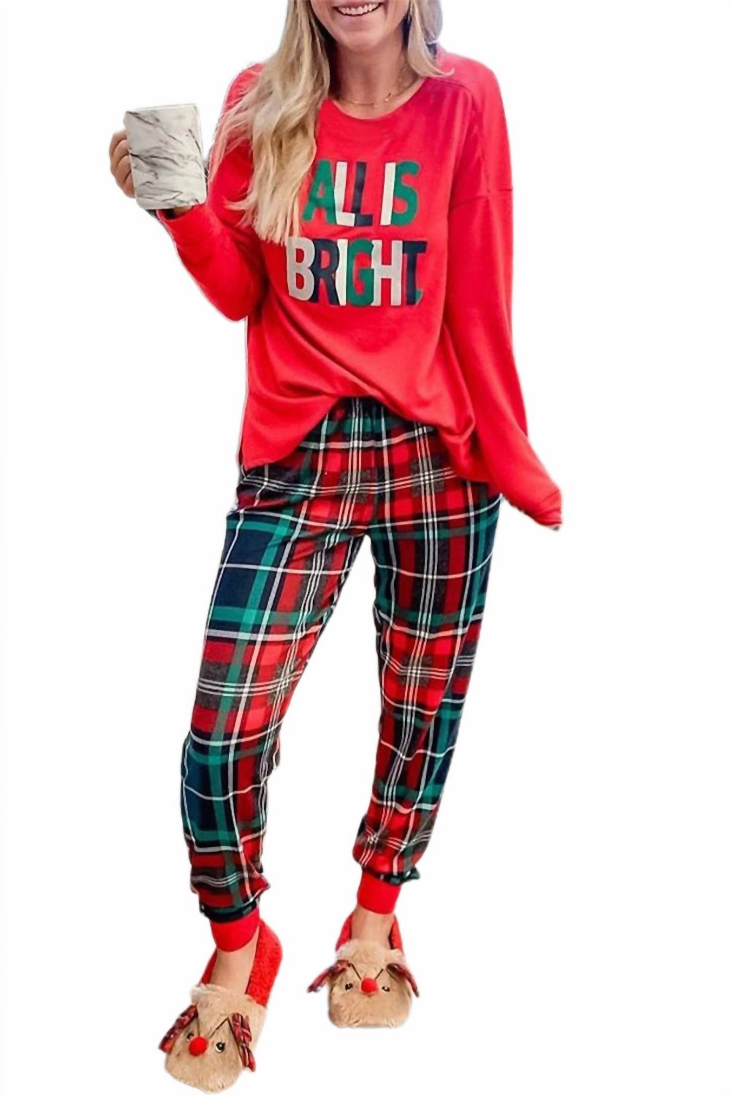 Drop Shoulder Construction Flexible Elastic Seams All Is Bright Holiday Pajama Set In Red/plaid