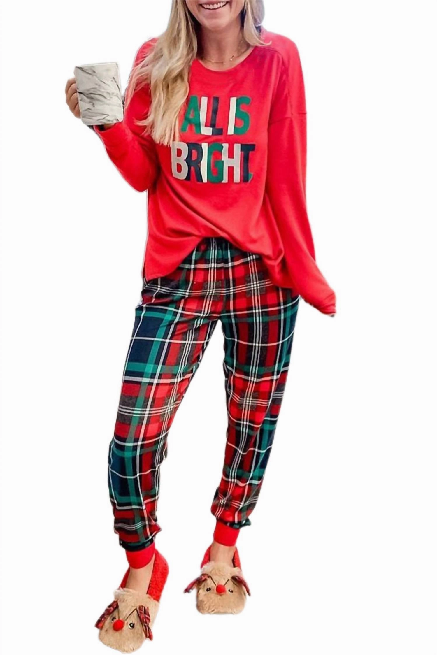 All Is Bright Holiday Pajama Set In Red/plaid FourWay Stretch
