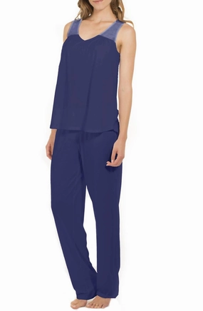 French Terry Hidden Pocket Detail Amber Tank Top Full Length Pant Pajama Set In Pacific Blue