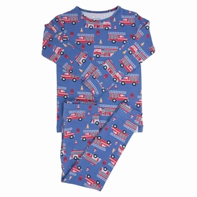 Big Boy Kid Fire Truck Print Pajama Set In Blue Minimalist Stitching