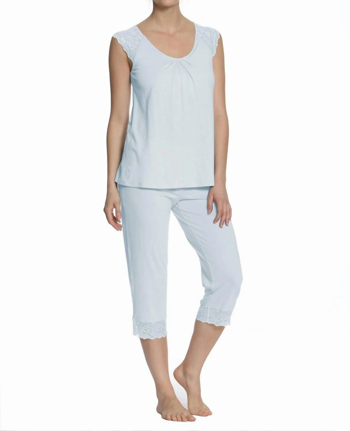 Thermal Insulation Layer Relaxed Armhole Cut Amber Short Sleeve Cropped Pant Pajama Set In Blue Pearl