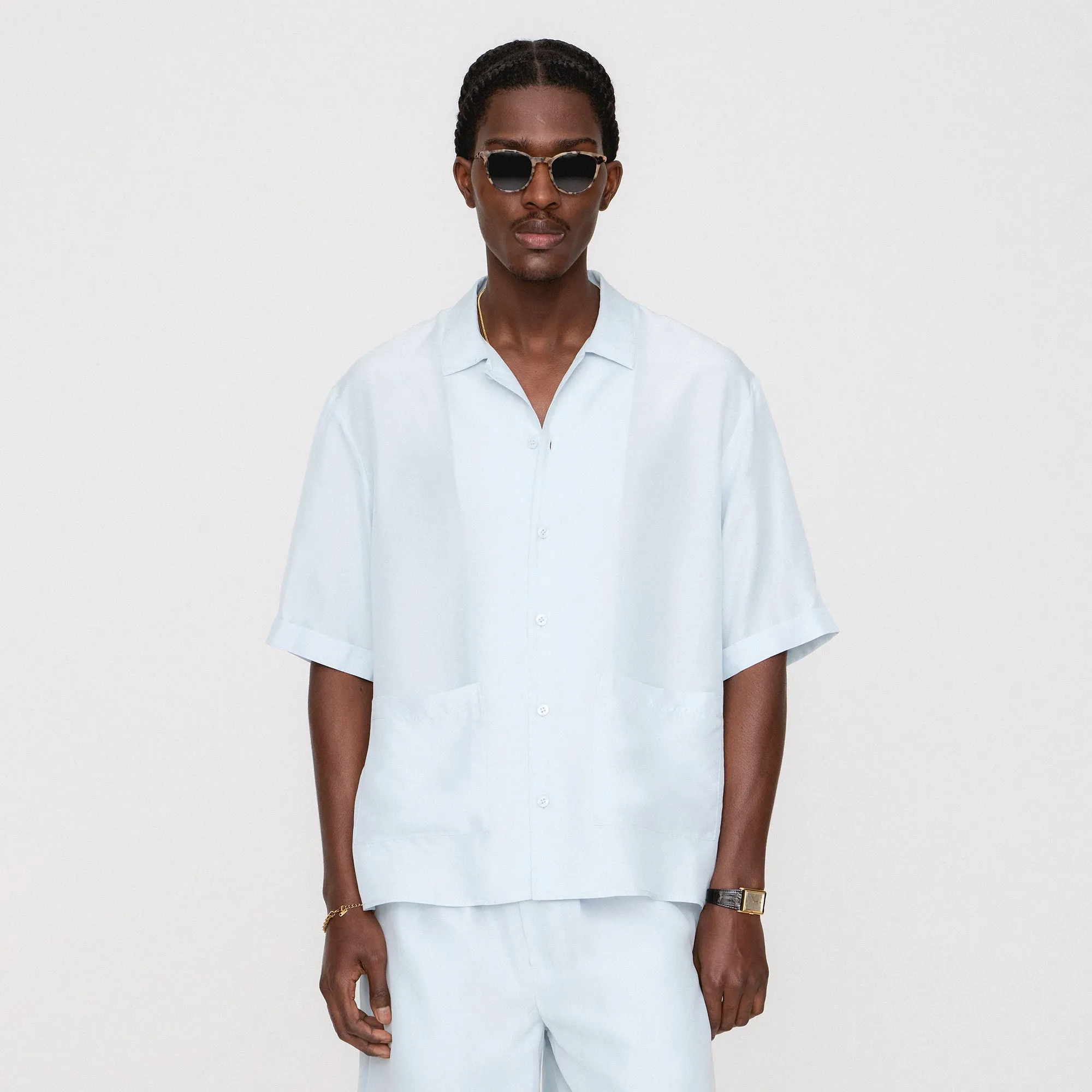 &Kin Silk Habotai Short Sleeve Reade Shirt -  Light Indigo Indoor Comfort Runway Inspired