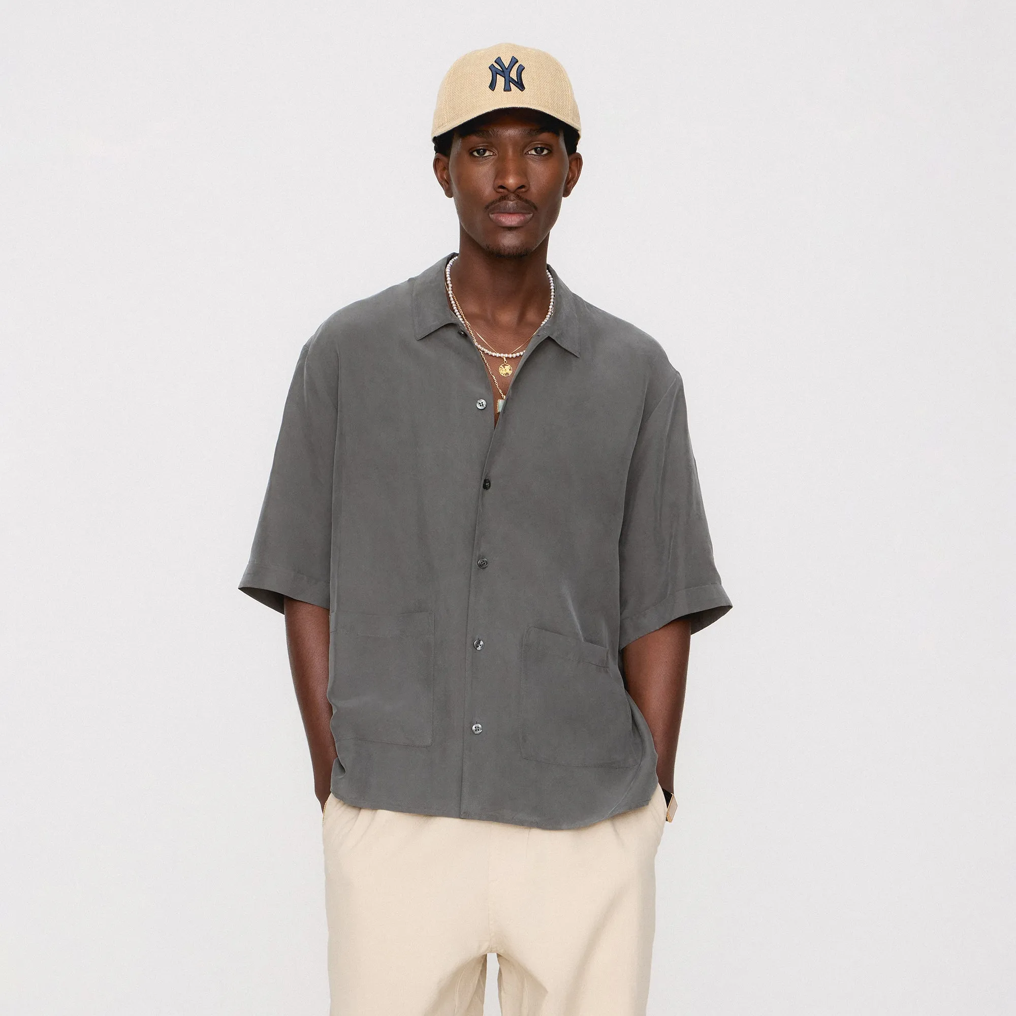 Smooth Stitch Pattern Casual Comfort &Kin Silk Habotai Short Sleeve Reade Shirt -  Somber
