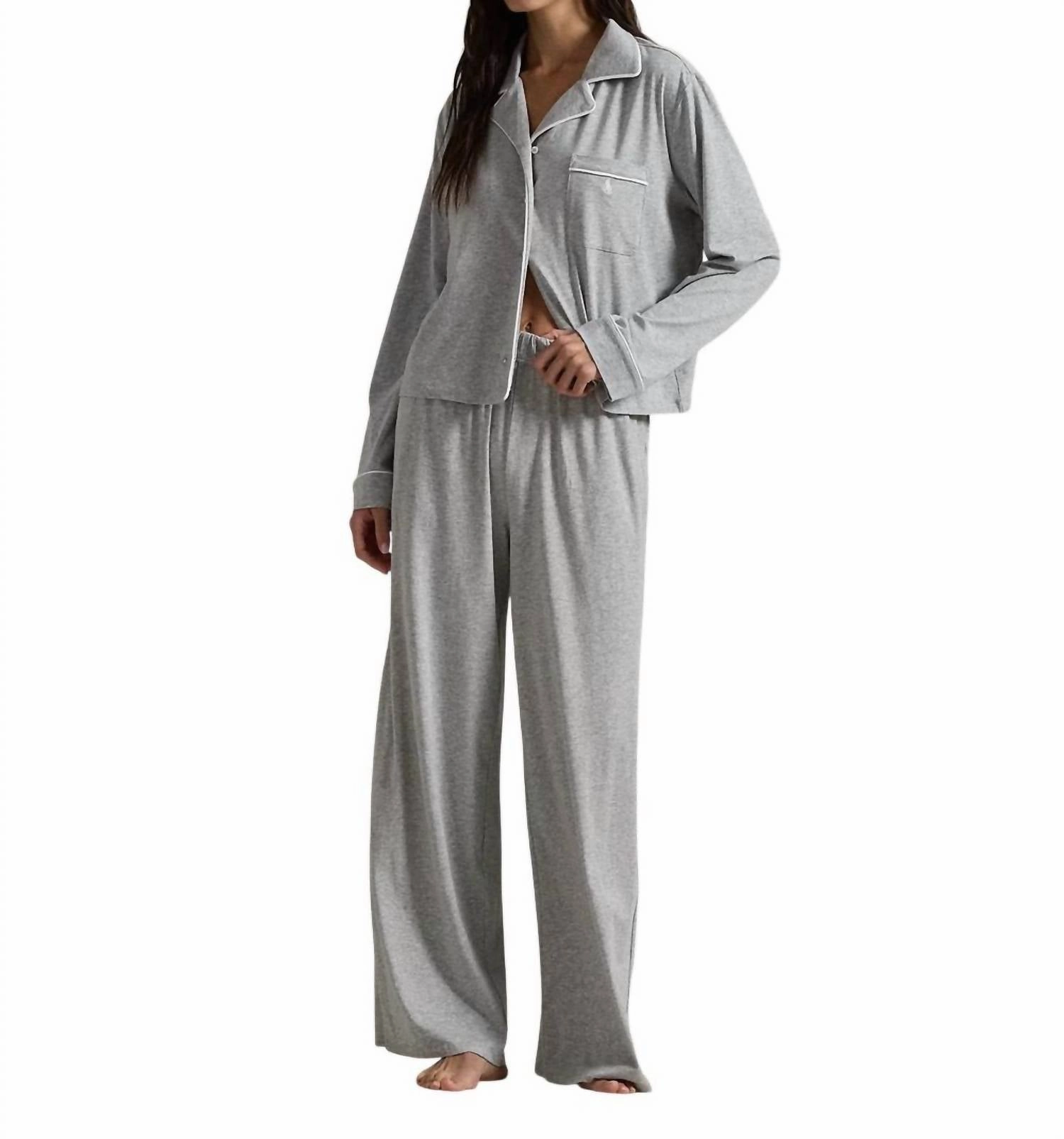 Waffle Knit Texture Crew Neckline Long-Sleeve Jersey Pajama Set In Heather Grey