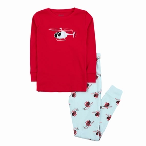 Layered Hem Details Kids Two Piece Cotton Pajamas Helicopter Red
