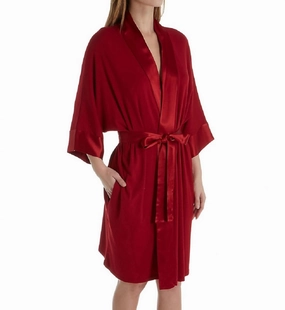 Shala  Knit Robe With Pockets And Satin Trim In Red Comfortable fit