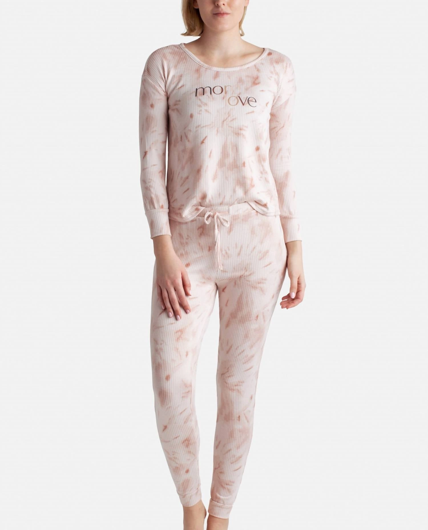 Reinforced Stitching Ribbed Hacci Sleep Set With Jogger In Tawny Tie Dye