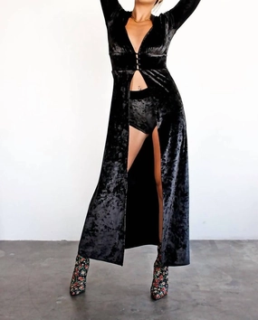 Roomy Fit Crushed Velvet Hooded Duster Robe In Black