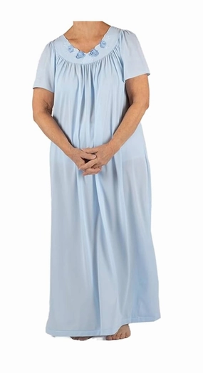 Microfiber Material Long Gown With Flower Petal Embroidery And Flutter Sleeves In Bluebell