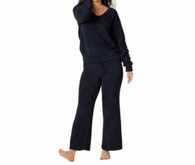 Solid Marshmallow V-Neck Lounge Set In Black Adjustable Cuff Openings
