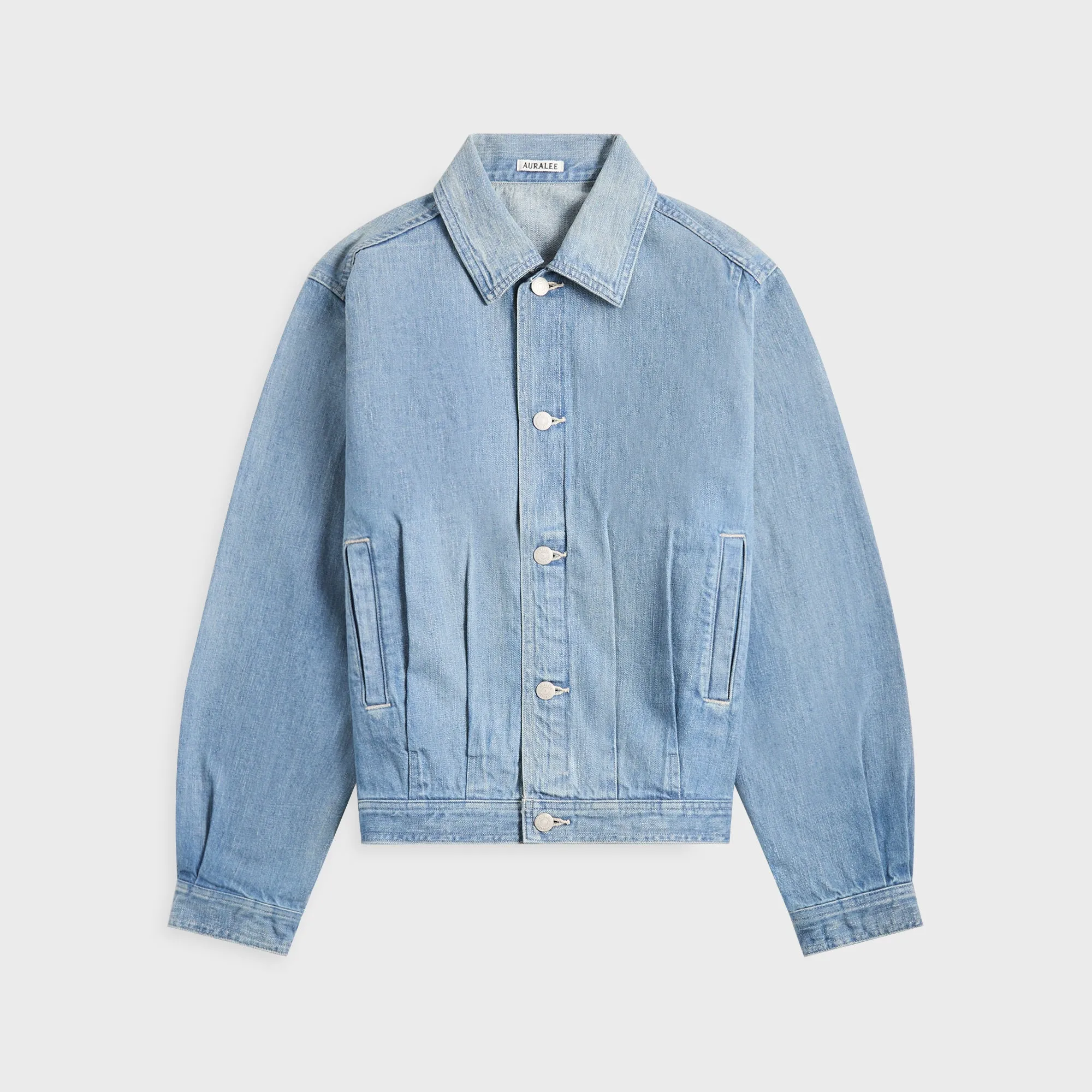 Hidden Button Placket Layering Essential Auralee Selvedge Faded Light Denim Blouson - Light Indigo