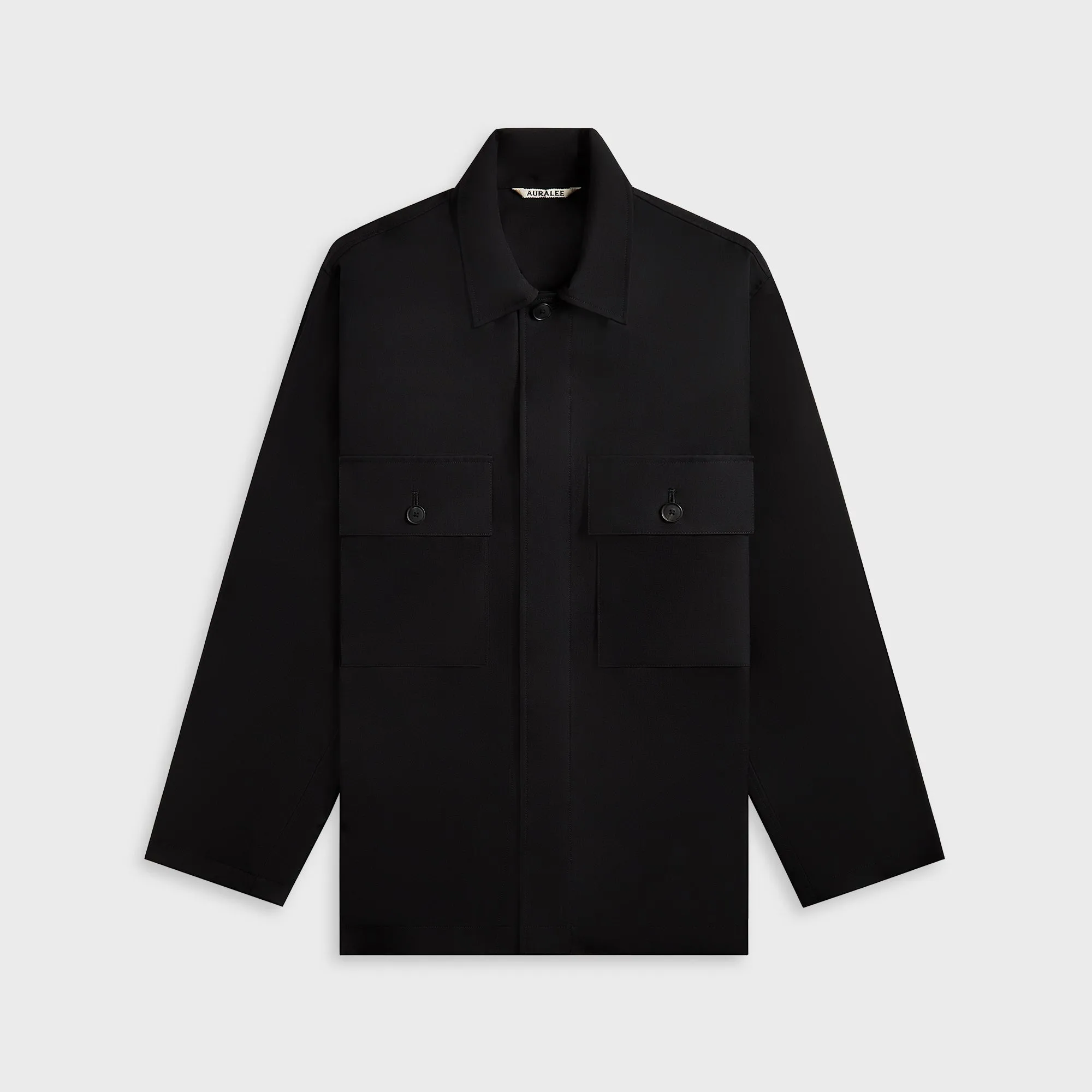 Auralee Wool Herringbone Over Shirt - Black Adjustable Hem Cool Comfort