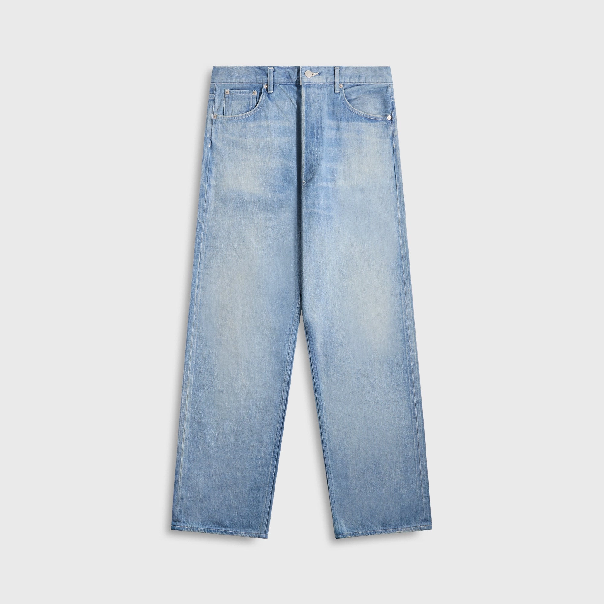Auralee Selvedge Faded Light Denim Wide Pants - Light Indigo Side zipper LowProfileWaistband