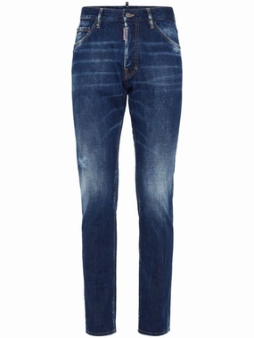 Navy Blue Cotton Whiskered Jeans Plain style Routine Wear