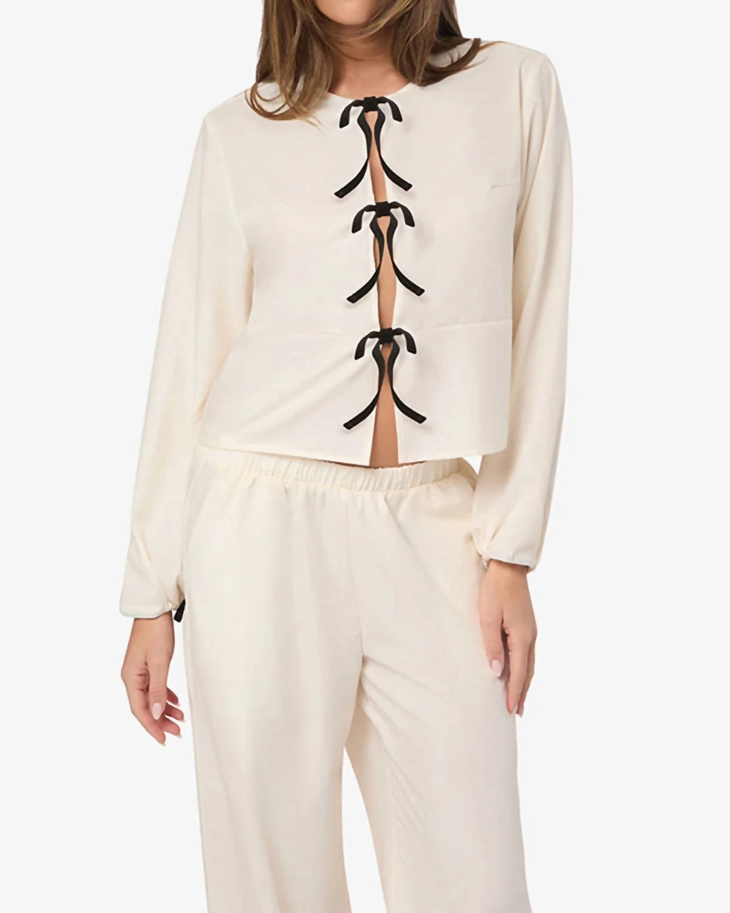 Ultra Soft Weave Tie Front Pajama Top In White