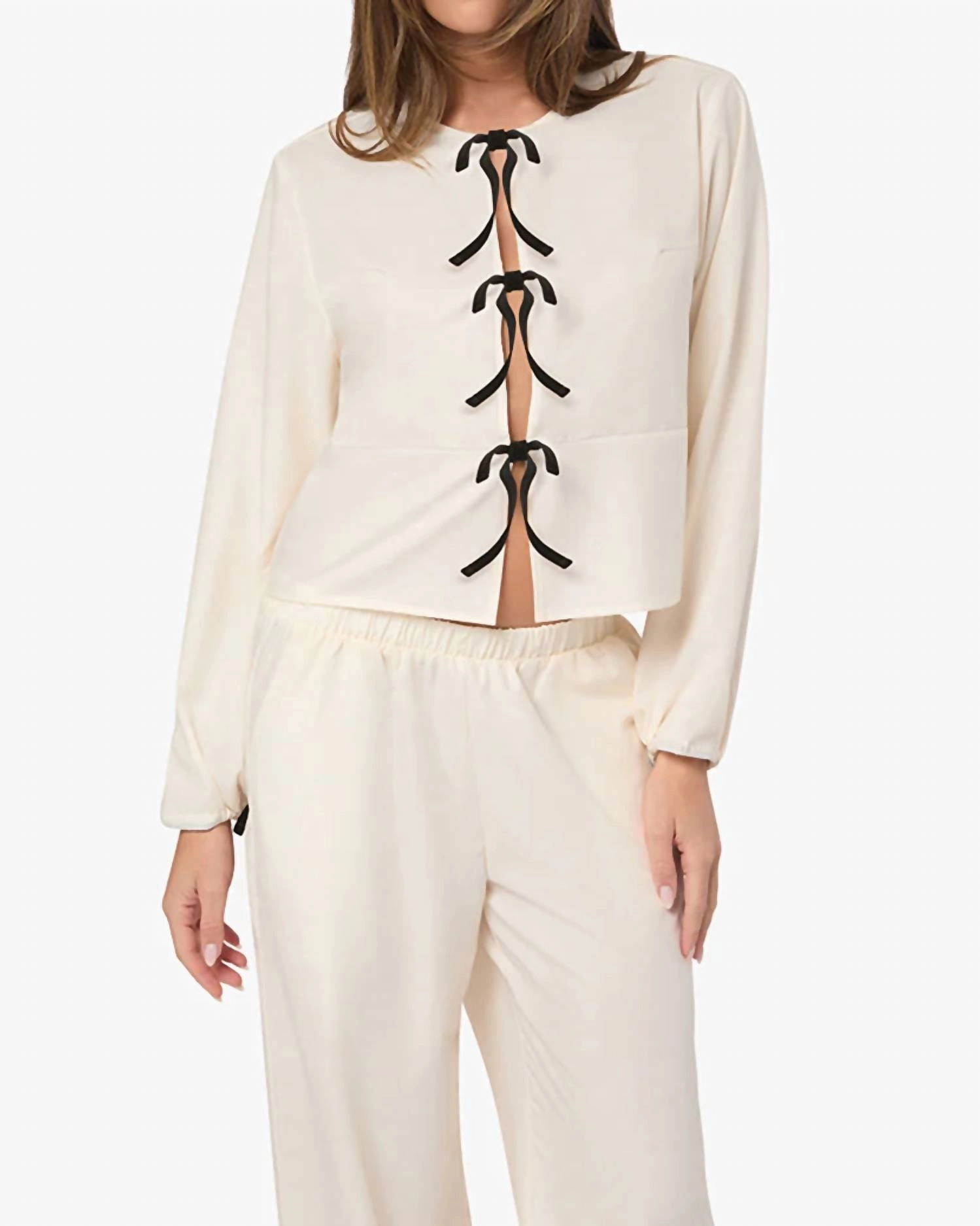 Tie Front Pajama Top In White NonIrritating Seam Construction Tear Resistant Fabric
