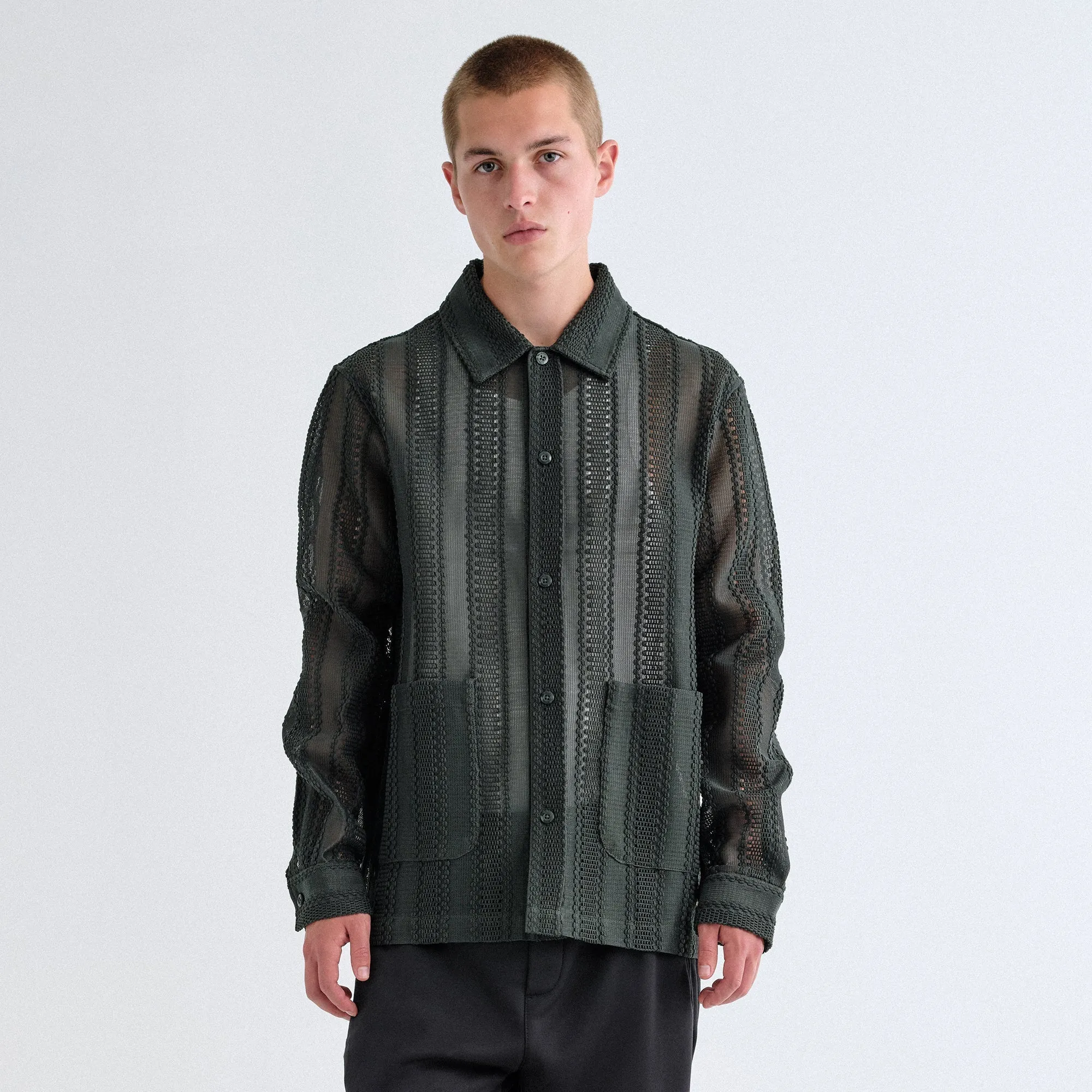 Embellished Neckline Kith Ladder Lace Long Sleeve Boxy Collared Overshirt - Stadium