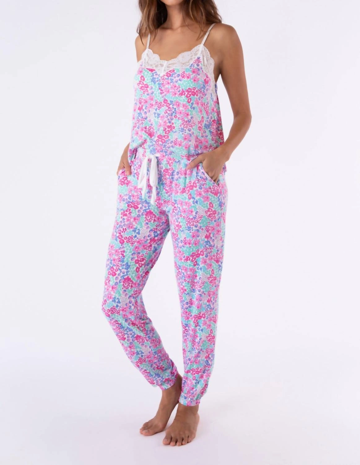 Reinforced Knee Panels Beach Bouquet Pajama Set In Ivory
