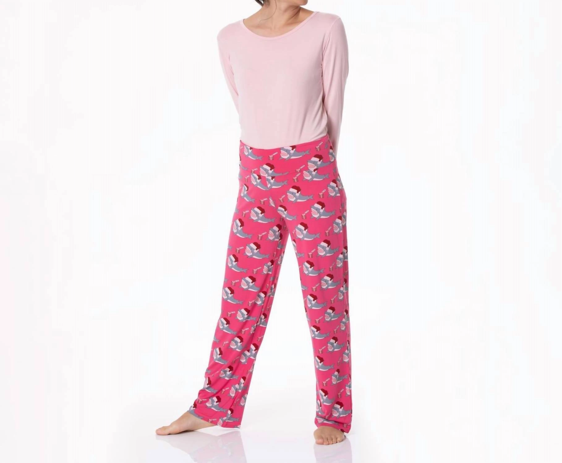 Long Sleeve Tee & Pajama Pants Set In Winter Rose Holiday Sharks Ultra Soft Feel