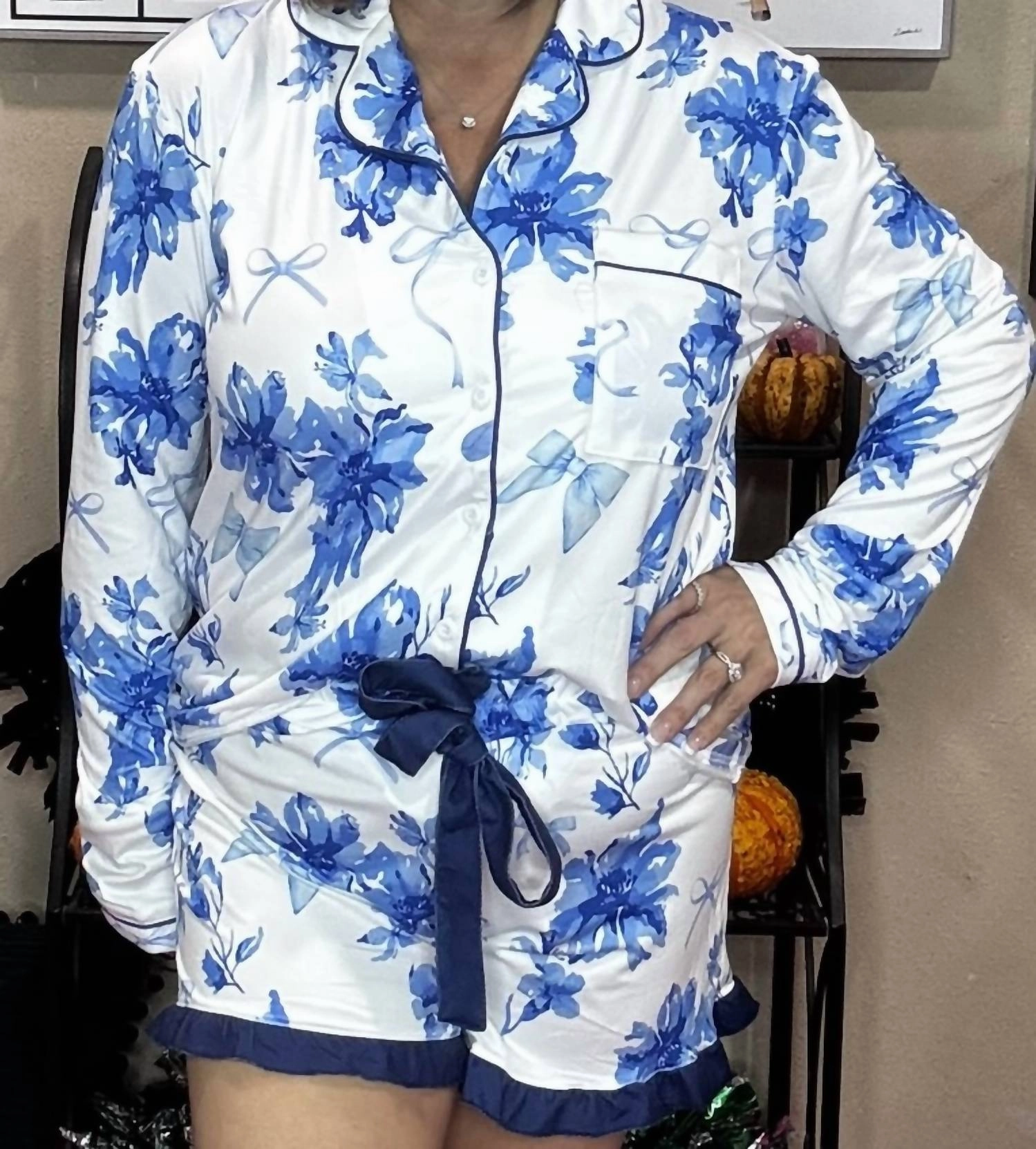 Blossom Ruffle Pajama Set In White Reinforced Hems