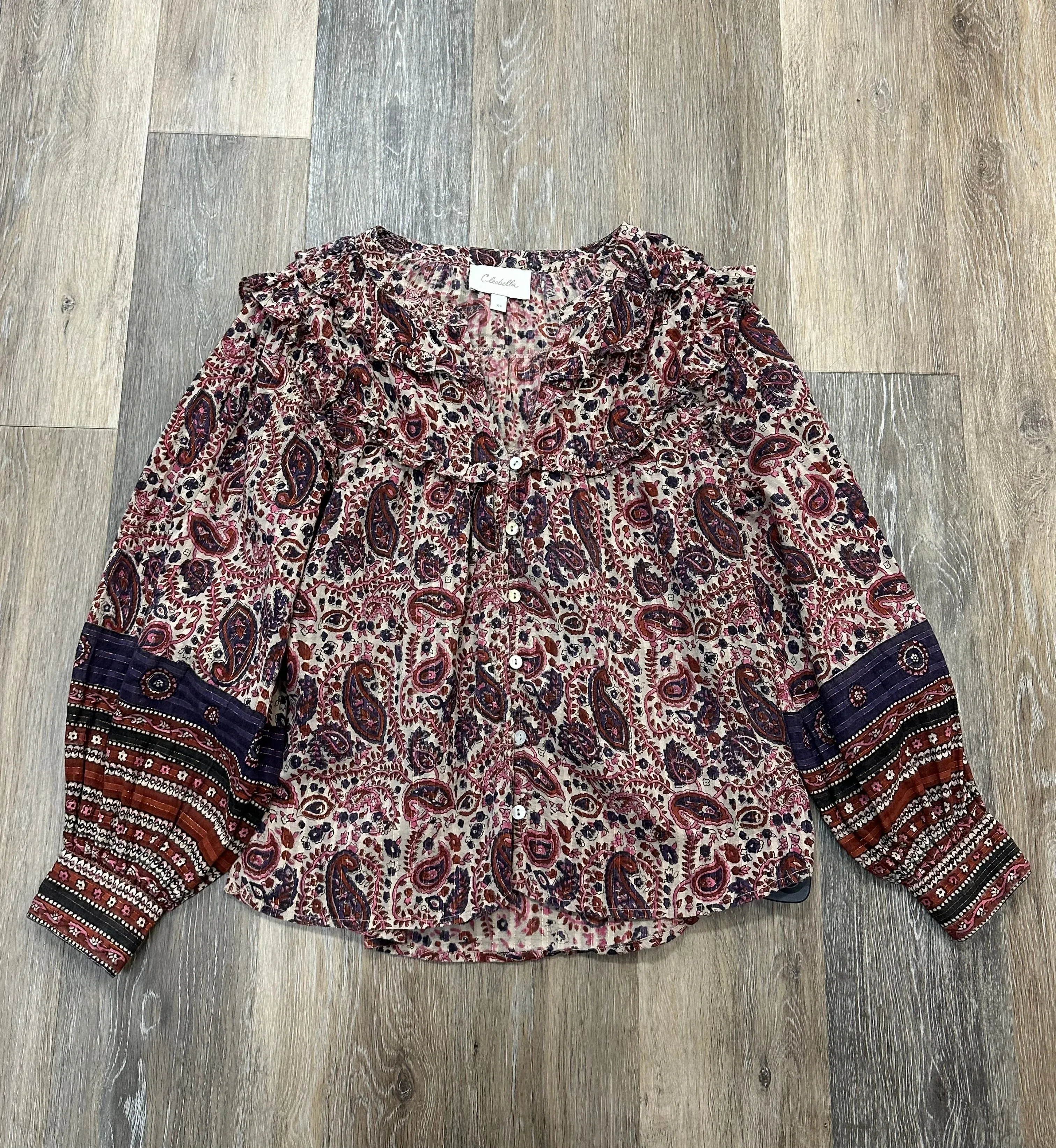 ribbed texture Grid Back Panel Blouse Long Sleeve By Cleobella In Floral Print, Size: Xs